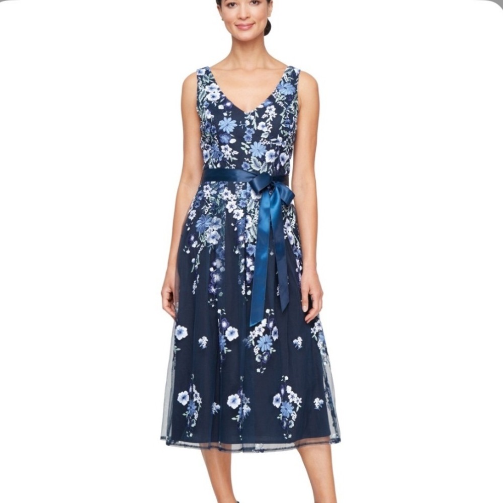 Alex Evenings Floral Embroidered Dress Women 10 NWT Navy Tea Length MSRP $199